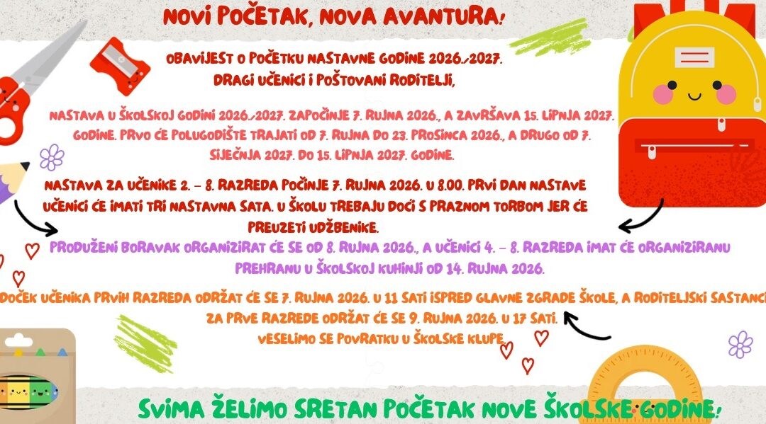 Obavijest o početku nastavne godine 2026./2027.
